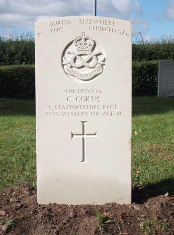 Commonwealth War Graves Commission headstone to Charles Corns, erected in 2010.