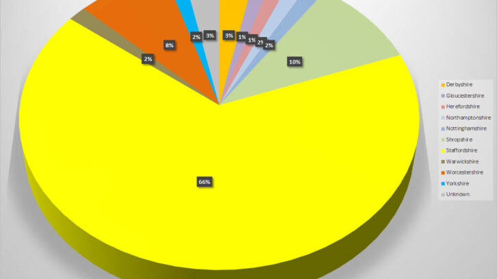 Pie chart showing percentages of ancestors from different counties